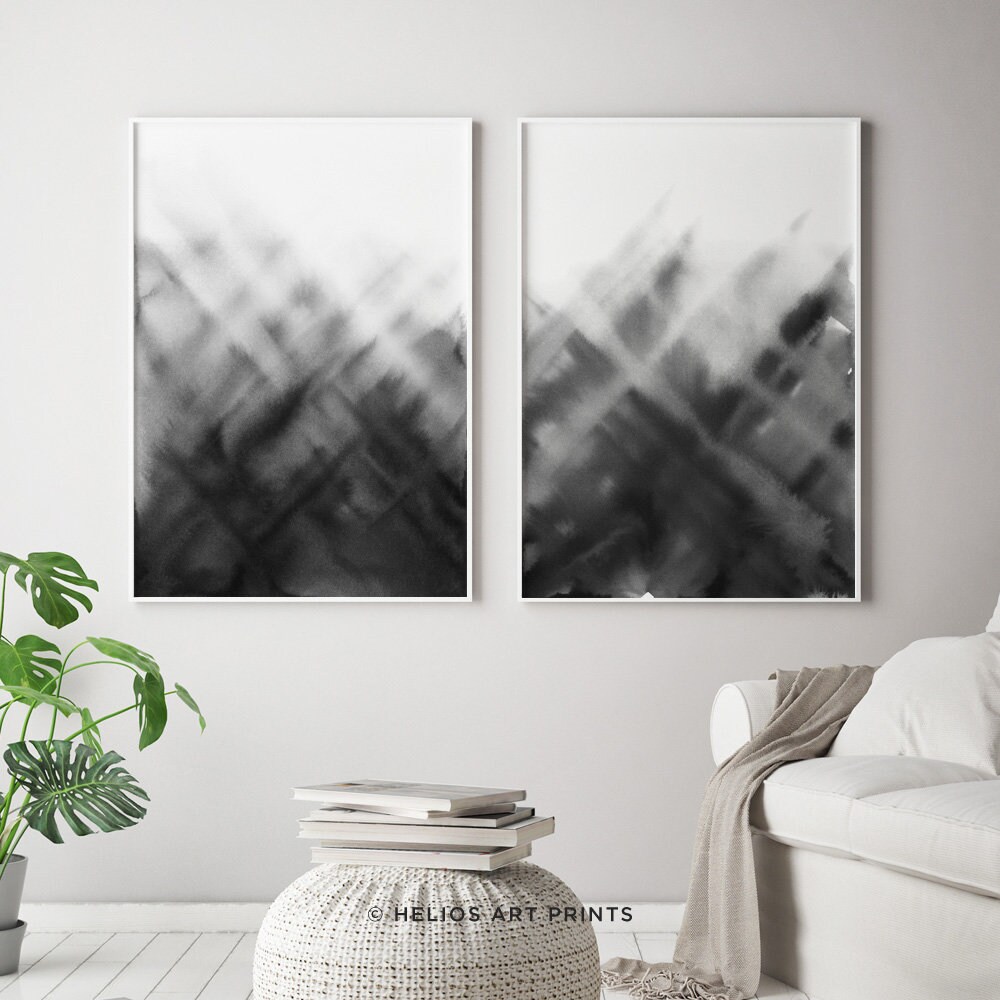 Set of 2 Black and White Abstract Fractal Watercolour Modern Art Prints ...