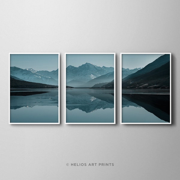 Set of three brown, blue and grey mountain and lake reflection landscape prints. Set of 3 mountain range lake reflection modern wall art