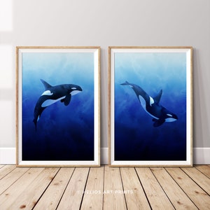 Set of 2 Killer Whale Watercolor Printable Wall Art. Two Piece Watercolour Orca Art Print. Mid Century Deep Sea Marine Wildlife Printable.