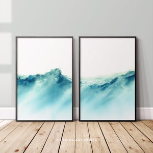 Two Piece Turquoise Ocean Printable Wall Art. Set of 2 Blue Sea Waves Downloadable Art Prints. Tropical Water Instant Download Digital Print