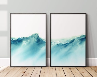 Two Piece Turquoise Ocean Printable Wall Art. Set of 2 Blue Sea Waves Downloadable Art Prints. Tropical Water Instant Download Digital Print