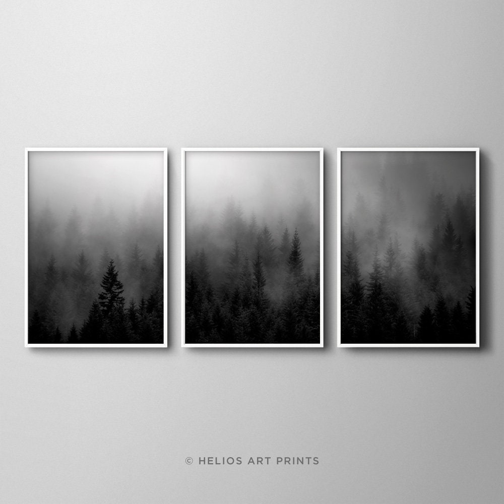 Set of three black and white misty forest wall art prints Set Etsy