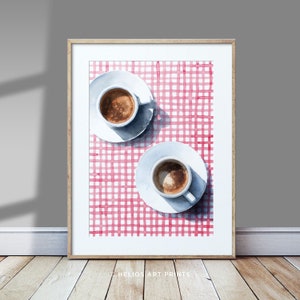 White Coffee Cups on Red Gingham Tablecloth. Downloadable Watercolor Wall Art, Printable Watercolour Art, Coffee Culture, Cafe Society Decor