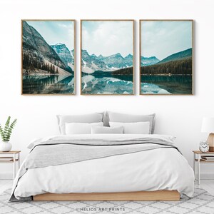 Set of three brown, blue and green mountain and lake reflection landscape prints. Set of 3 mountain range lake reflection modern wall art image 6