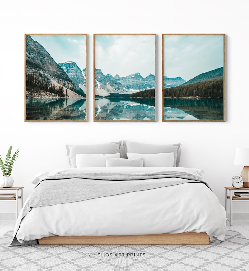 Set of three brown blue and green mountain and lake image 6