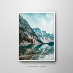 Green, blue and brown mountain and lake reflection modern art print. Pristine mountain lake wall art prints