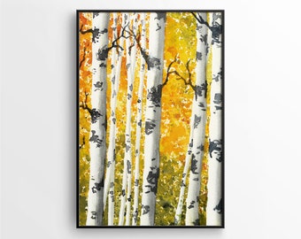 Autumn Forest Trees Watercolour Landscape Print, Fall Leaves Wall Art Printable, Birch Forest, Aspen Trees, Downloadable Digital Boho Art