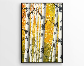 Arbres forestiers d’automne Aquarelle Paysage Impression, Feuilles d’automne Mur Art Imprimable, Forêt de bouleau, Aspen Trees, Téléchargeable Numérique Boho Art