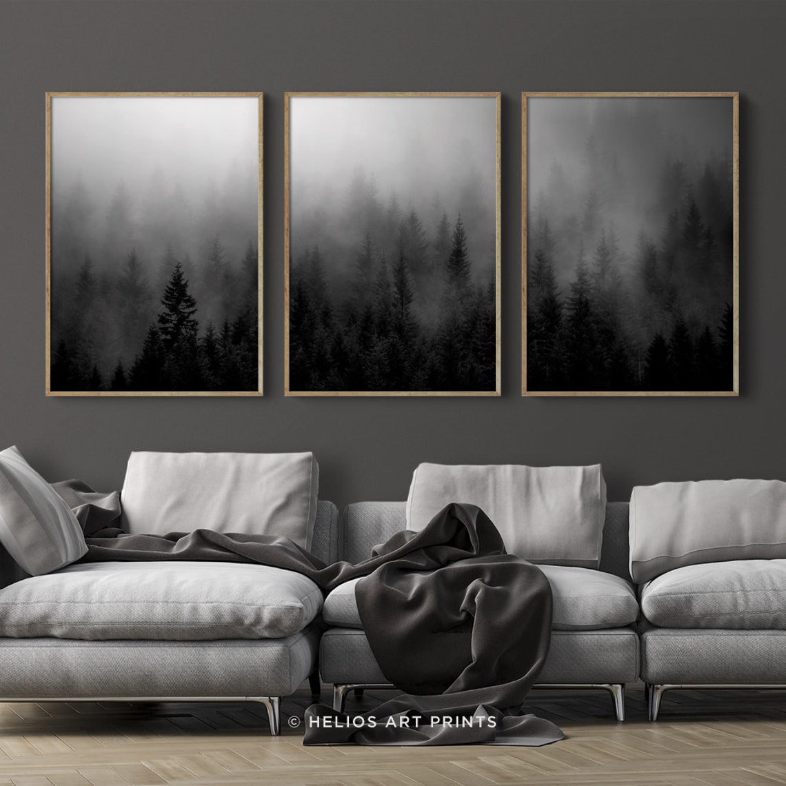 Set of three black and white misty forest wall art prints Set | Etsy