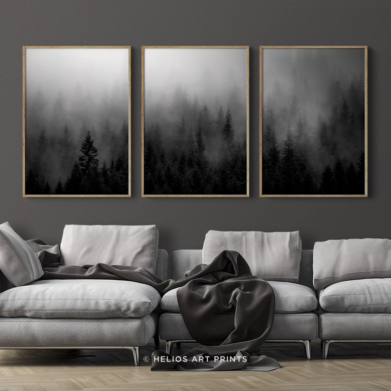 Set of Three Black and White Misty Forest Wall Art Prints, Set of 3 ...