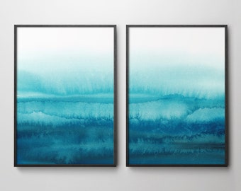 Set of 2 sky blue abstract modern impressionist cloudscape watercolour prints. Set of two aquamarine printable digital downloadable wall art