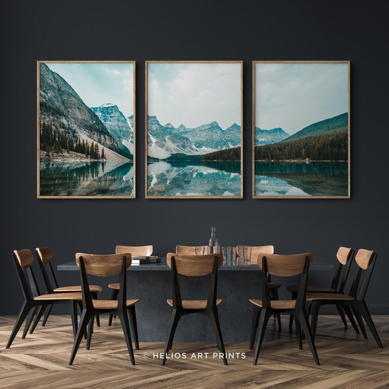 Set of three brown, blue and green mountain and lake reflection landscape prints. Set of 3 mountain range lake reflection modern wall art image 7