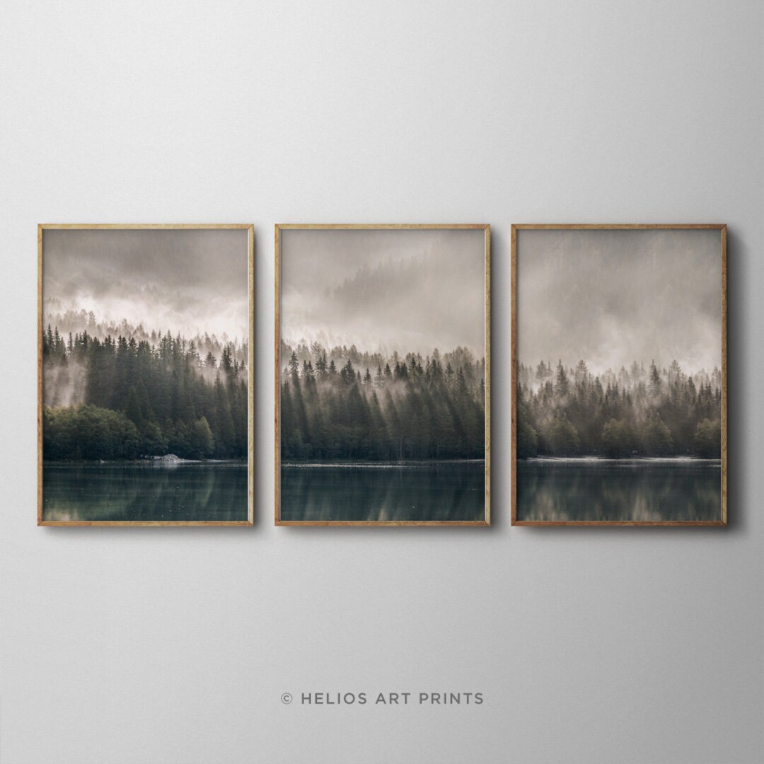 Set of Three Green Misty Forest Lake Art Prints, Set of 3 Forest Lake ...