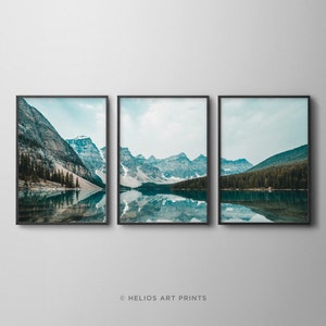 Set of three brown, blue and green mountain and lake reflection landscape prints. Set of 3 mountain range lake reflection modern wall art image 2