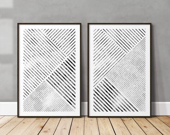Set Of 2 Abstract Geometric Art Prints, Two Piece Black And White Modern Minimalist Printables, Downloadable Contemporary Wall Art