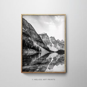 Black and white mountain and lake reflection modern art print. Pristine mountain lake wall art prints