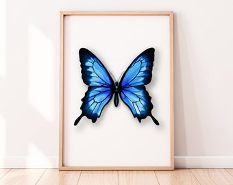 Watercolor Butterfly In Intense Sapphire, Sky, Indigo and Electric Blues. Beautiful Watercolour Natural Insect Life Printable Wall Art