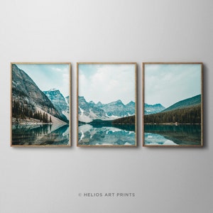 Set of three brown, blue and green mountain and lake reflection landscape prints. Set of 3 mountain range lake reflection modern wall art image 3