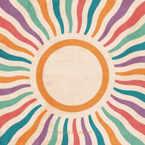May include: A retro-style sunburst design with a circular frame in the center. The background is a light beige with a textured look. The sunburst is made up of wavy lines in shades of orange, red, purple, teal, and green.