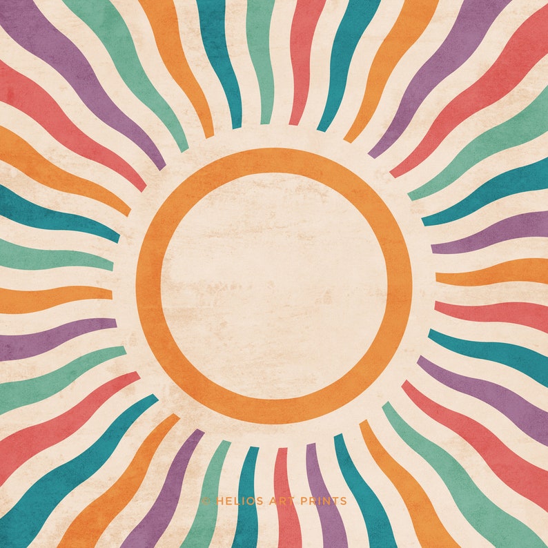 May include: A retro-style sunburst design with a circular frame in the center. The background is a light beige with a textured look. The sunburst is made up of wavy lines in shades of orange, red, purple, teal, and green.