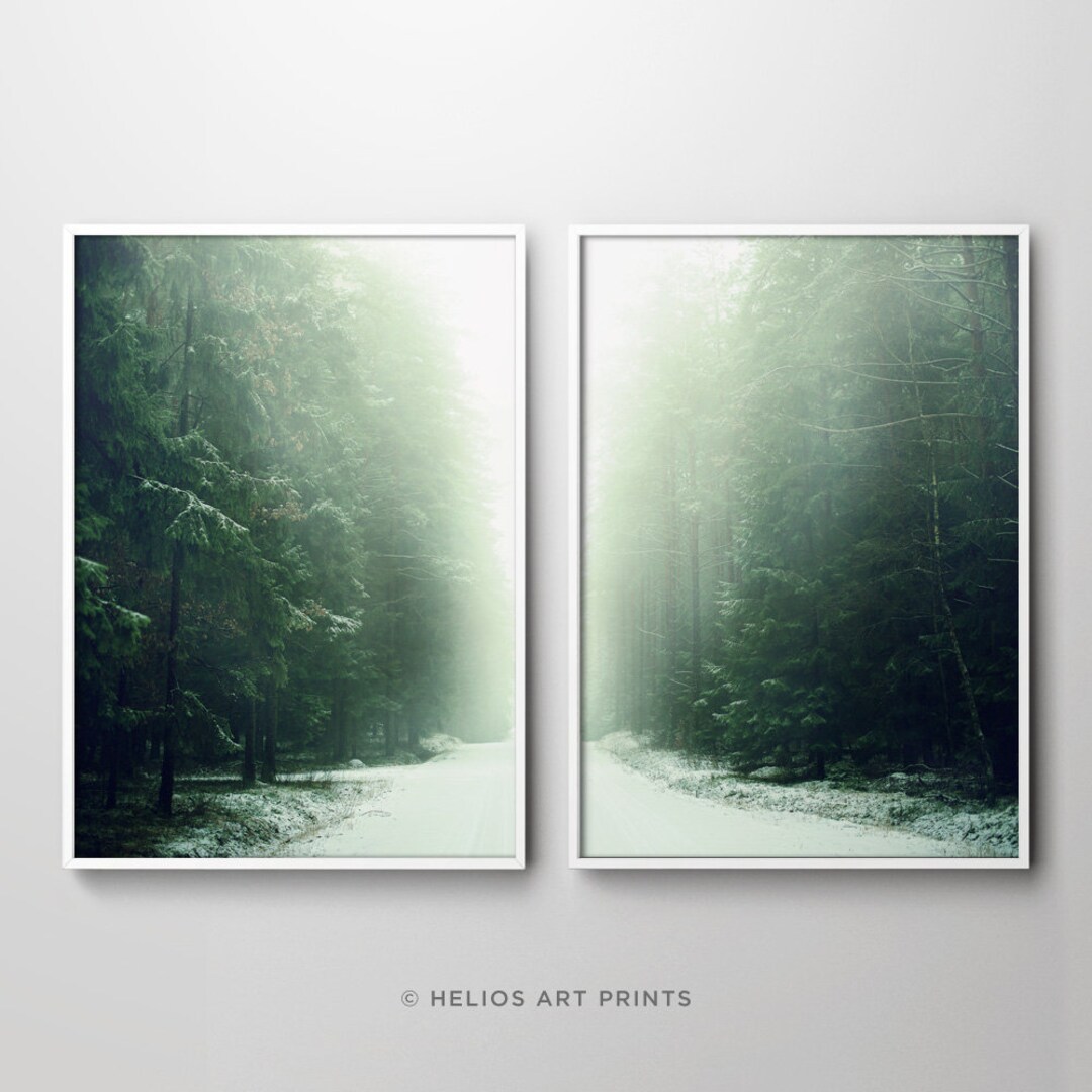 Set of 2 Misty Pine Forest Snow Covered Road Wall Art. Set of Two Deep ...
