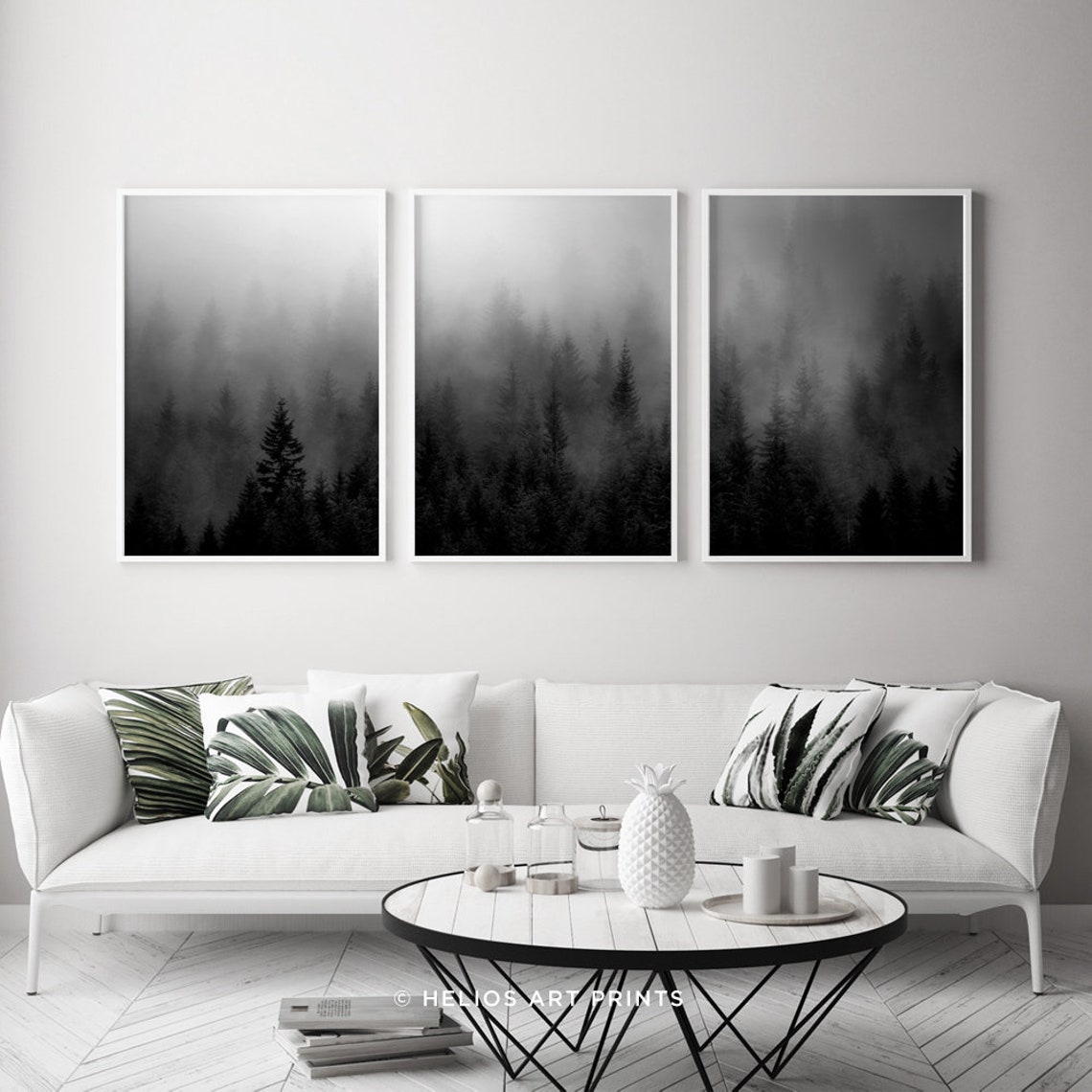 Set of three black and white misty forest wall art prints Set | Etsy