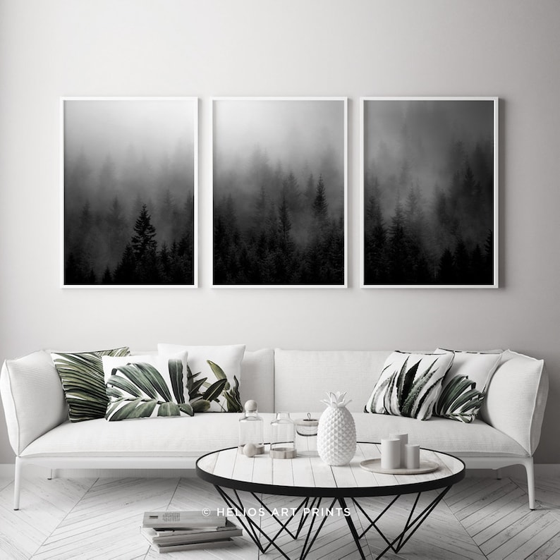 Set of Three Black and White Misty Forest Wall Art Prints, Set of 3 ...
