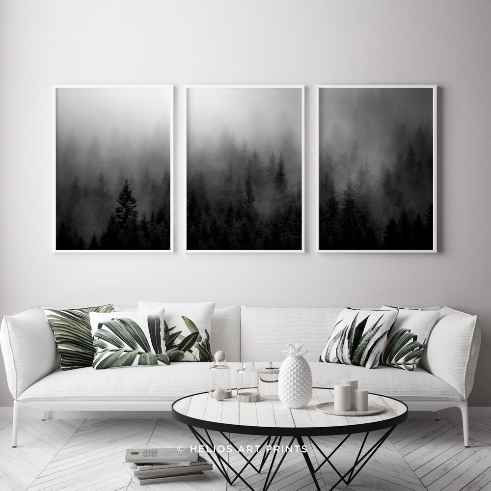 Set of Three Black and White Misty Forest Wall Art Prints Set - Etsy Norway