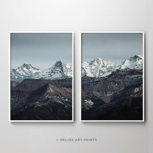 Set of 2 rugged snowy mountain range modern wall art . Blue, grey and brown printable, downloadable scandinavian wall art