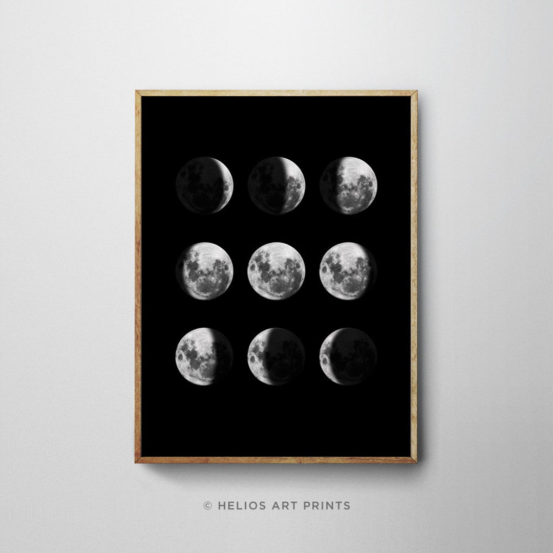 9 Lunar Phases of the Moon on Black. Black and White Celestial ...