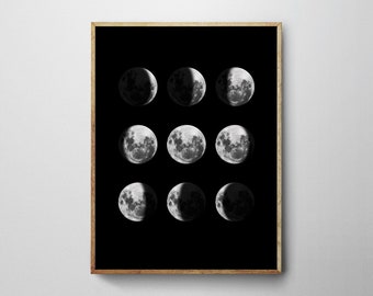 9 phases lunaires de la lune sur fond noir. Noir et blanc céleste téléchargeable et imprimable muraux