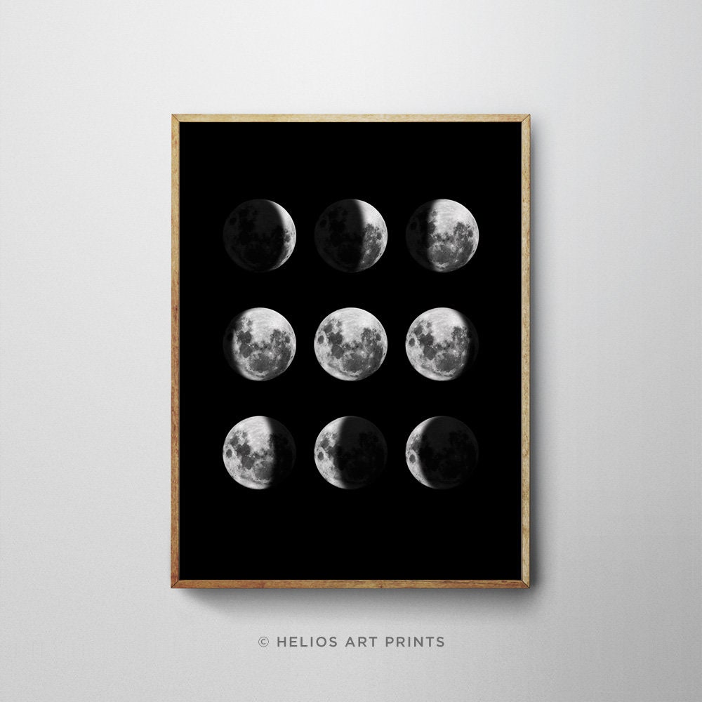 9 Lunar Phases of the Moon on Black. Black and White Celestial