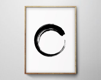 Modern minimalist black and white brush stroke circle art print.  Contemporary abstract circular brushstroke printable downloadable wall art
