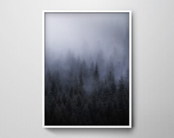 May include: A misty forest scene with tall, dark green trees shrouded in a thick layer of fog. The fog is a light purple color, creating a mysterious and ethereal atmosphere.