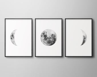 Set of three black and white lunar phases prints. Set of 3 moon phase wall art. Monochromatic celestial downloadable print