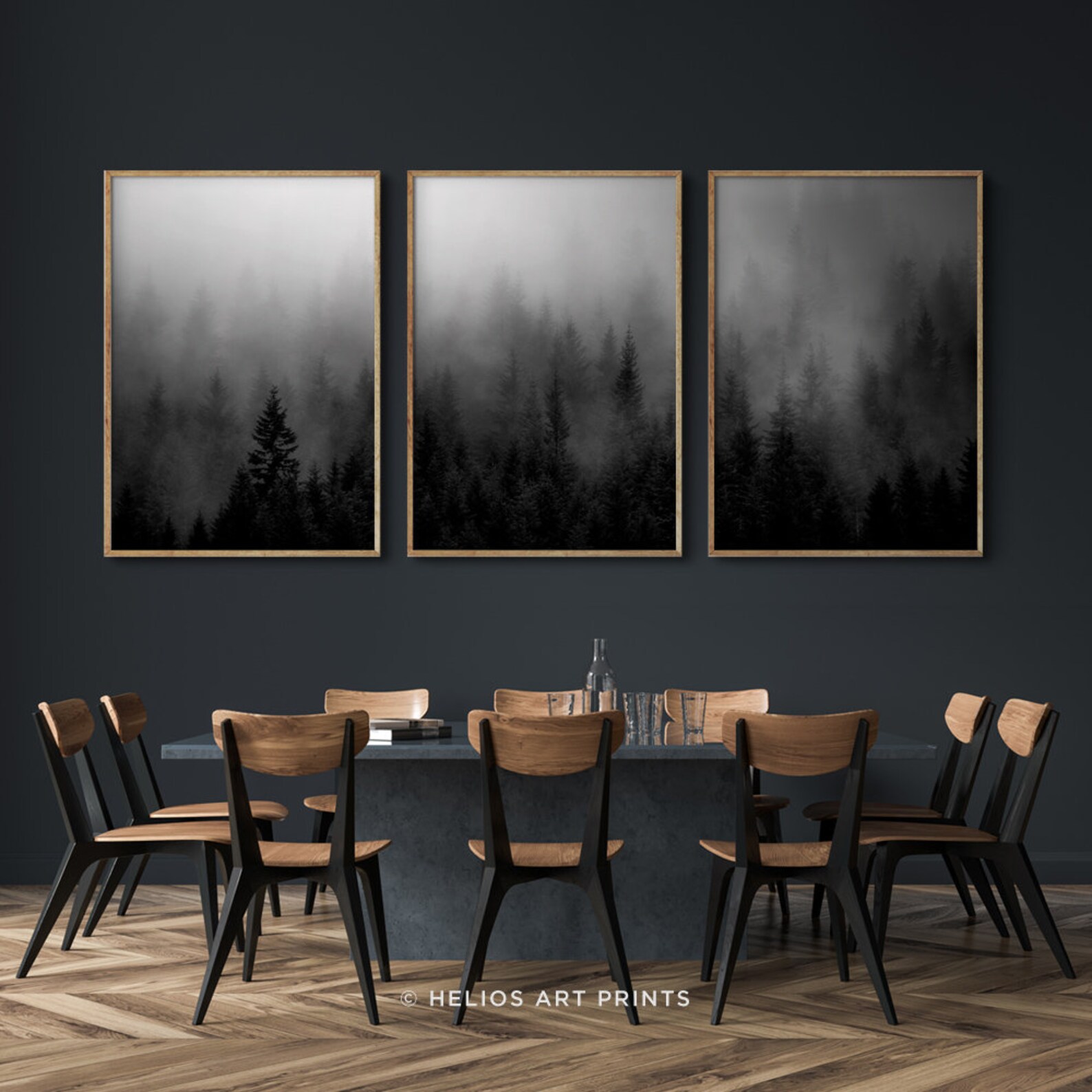 Set of Three Black and White Misty Forest Wall Art Prints Set - Etsy Norway