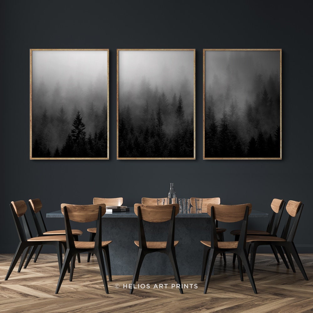 Set of Three Black and White Misty Forest Wall Art Prints Set - Etsy Norway
