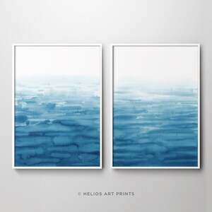 Set Of 2 Modern Impressionist Lake Watercolour Art Prints In Blue. Set Of Two Indigo Blue Watercolor Seaside Wall Art
