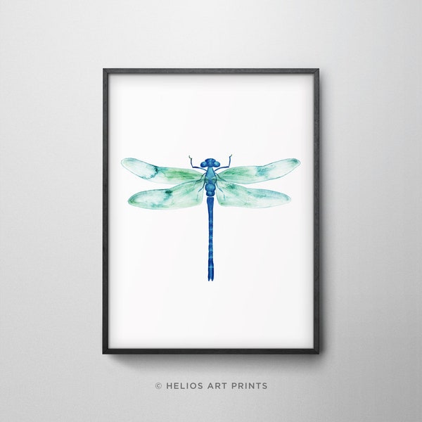 Dragonfly watercolor wall art. Sapphire blue dragonfly watercolour print.  Sapphire, indigo and turquoise watercolor wall art download.