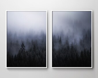May include: Two framed prints of a misty forest scene. The prints are in black and white with a blue tint. The trees are silhouetted against the fog.