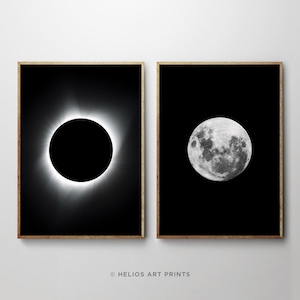 Set of two celestial photography art prints, Set of 2 full moon solar eclipse wall art, 2 piece full moon solar eclipse art prints