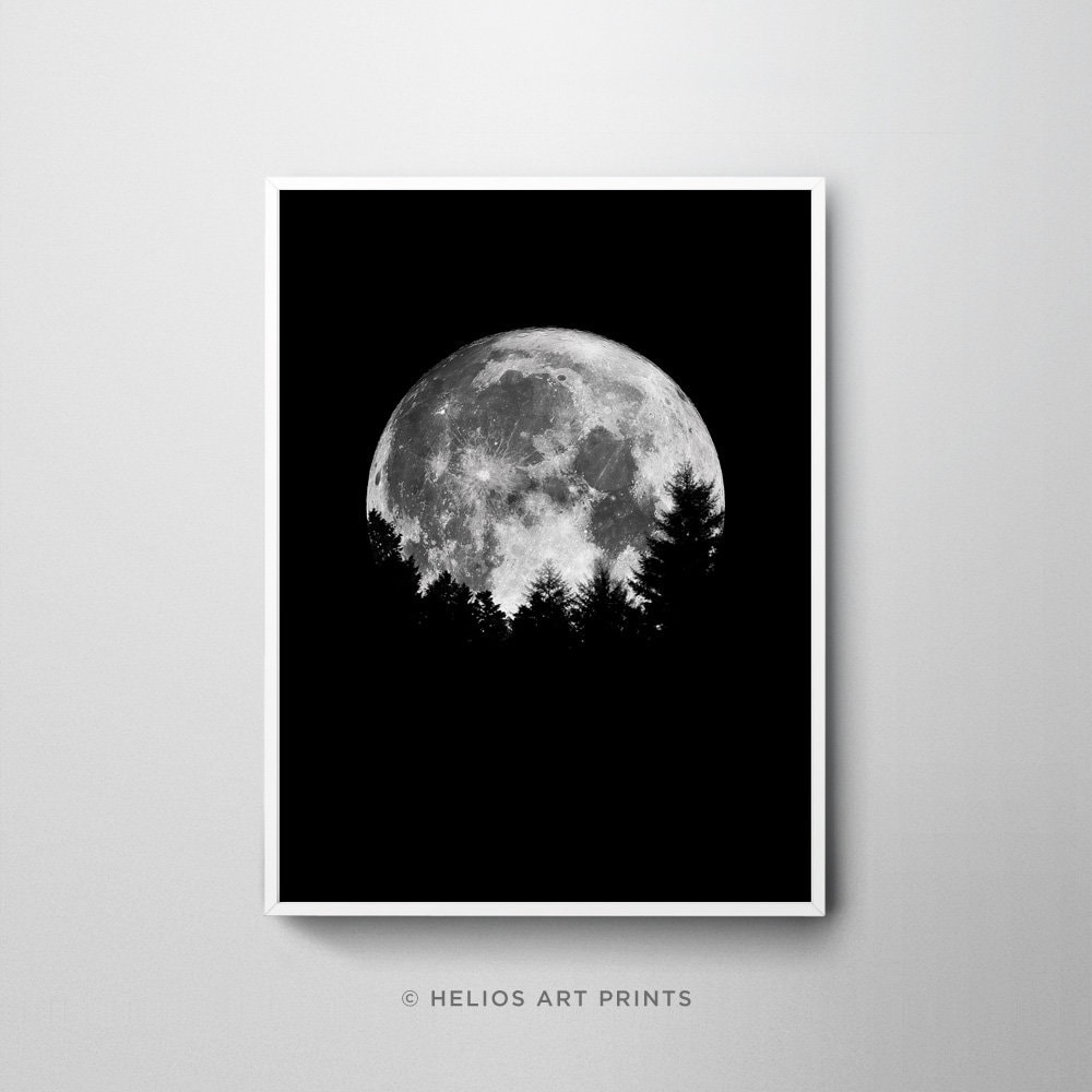 Black and White Full Moon Rising Over Forest Tress Modern Wall Art