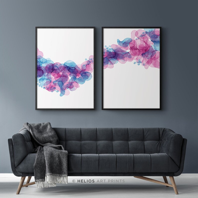 Set of 2 Blush Pink and Blue Abstract Watercolour Modern Art Etsy