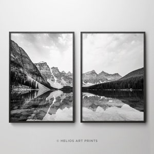 Set of two black and white mountain and lake reflection modern art prints. Set of 2 pristine mountain lake wall art prints
