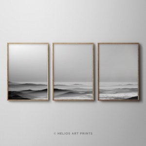 Set of three black and white sunset misty mountain landscape modern art prints. Set of 3 black and white hazy landscape downloadable art