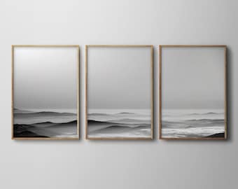 Set of three black and white sunset misty mountain landscape modern art prints. Set of 3 black and white hazy landscape downloadable art