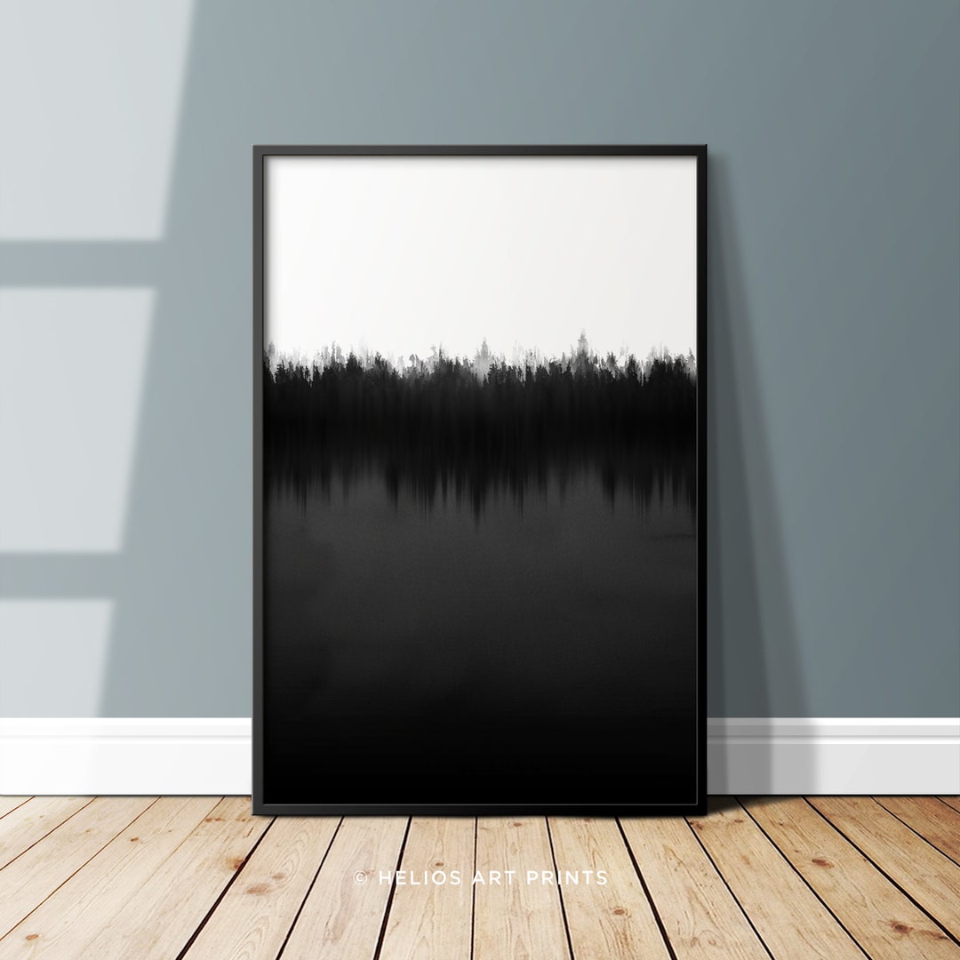 Abstract Black and White Watercolor Print. Forest Reflection in a Lake ...