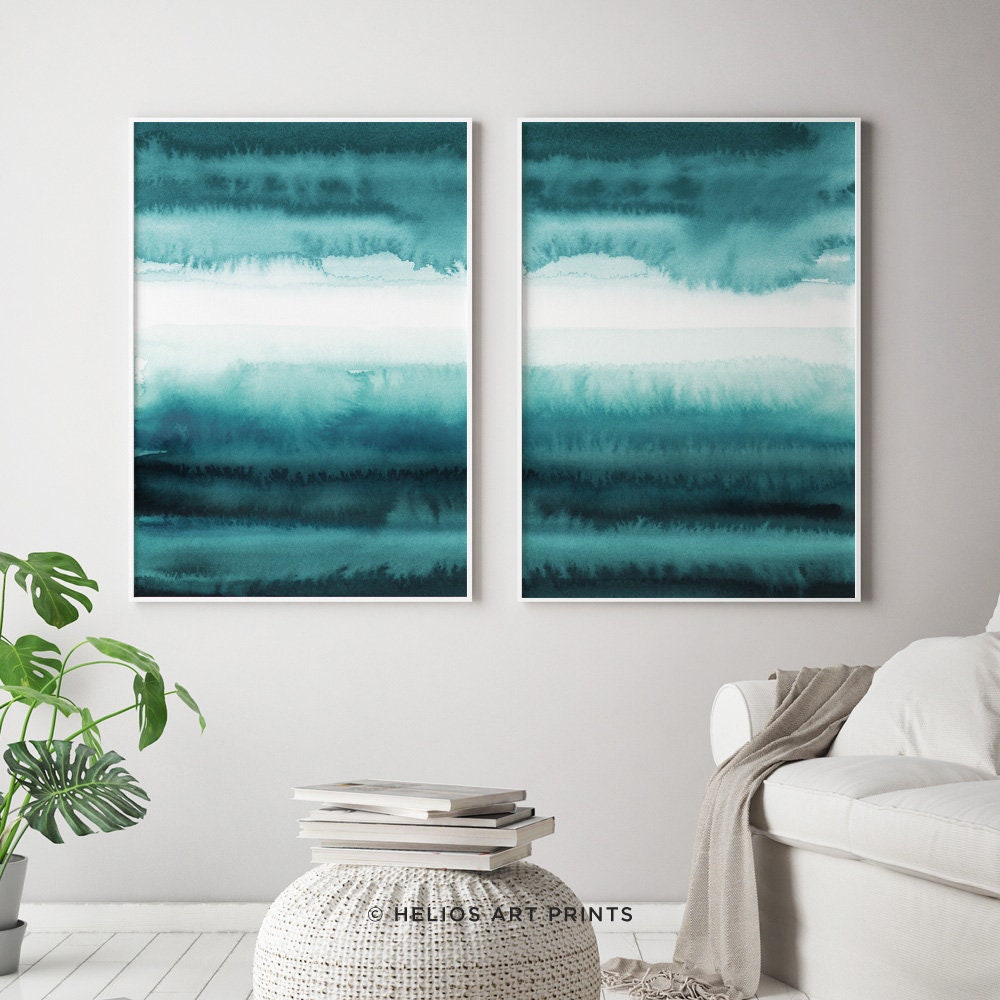 Teal Blue Object Set of 2 Teal Blue Abstract Landscape Modern Art Watercolour Prints ...