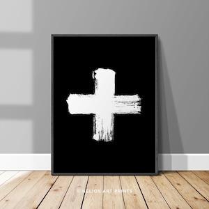 Add - Addition symbol minimalist brushstroke print. White brush stroke plus sign on black. Swiss Cross. Downloadable, printable wall art.