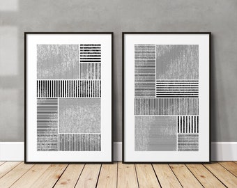 Set of 2 Abstract Minimalist Geometric Printable Wall Art, Two Piece Black and White Downloadable Midcentury Art Prints Modern Minimal Art